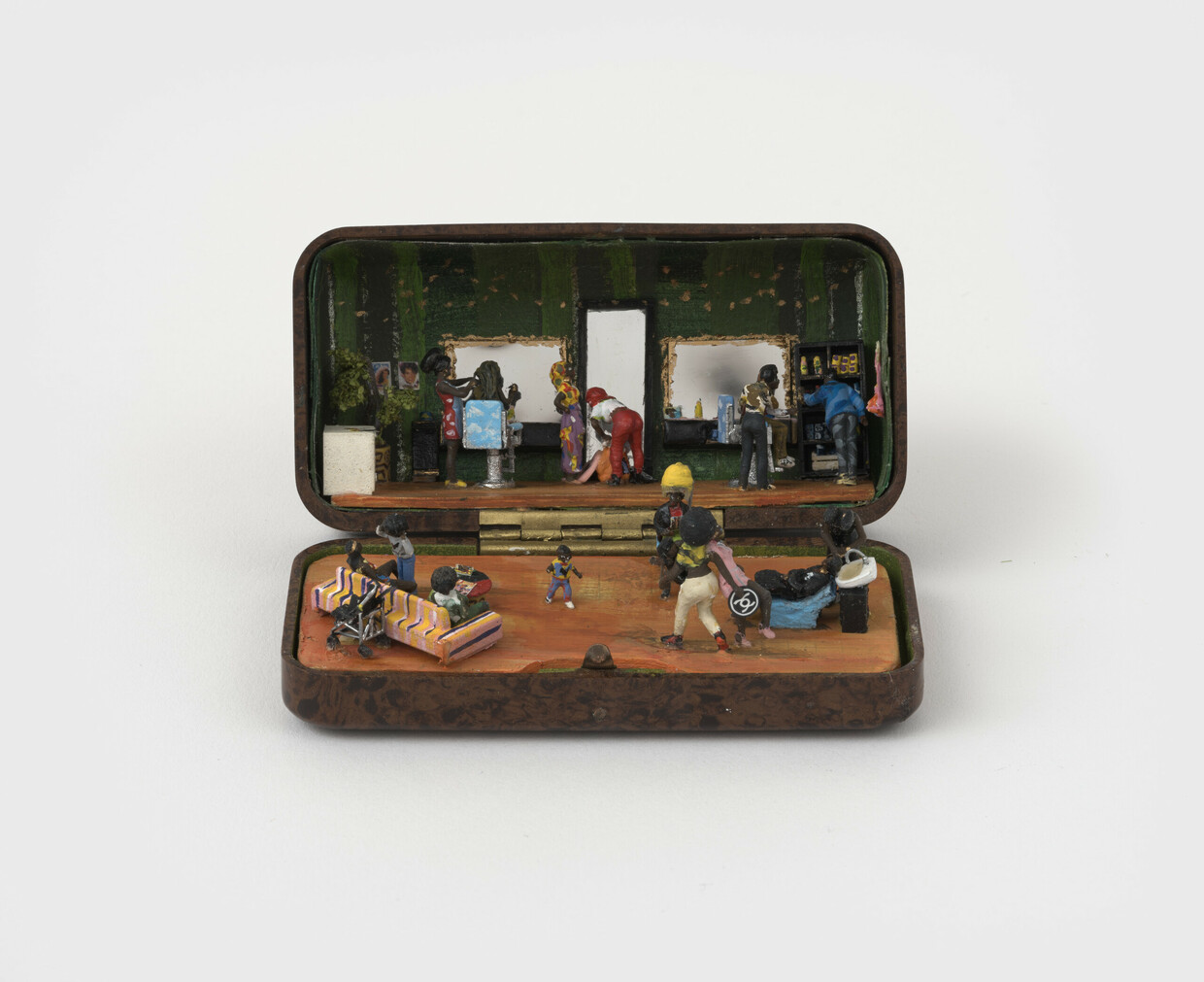 Curtis Talwst Santiago, Culture in the Key of Kerry, Sung by my Aunties on a Sunday Afternoon, 2024 . Mixed media diorama in reclaimed jewellery box. Art Gallery of Alberta Collection, purchased with the support of the York Wilson Endowment Award, administered by the Canada Council for the Arts/Œuvr