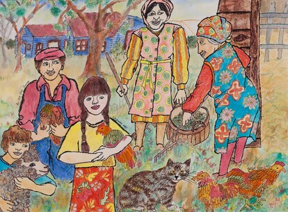 A watercolour painting depicting 4 people outdoors, wearing colourful clothing.