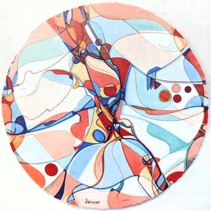 A watercolour painting of a colourful orb, showing splashes of white, blue, red and pale orange.