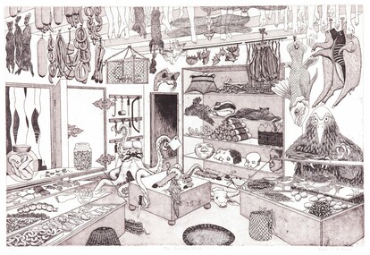 An etching of the interior of a butcher shop.