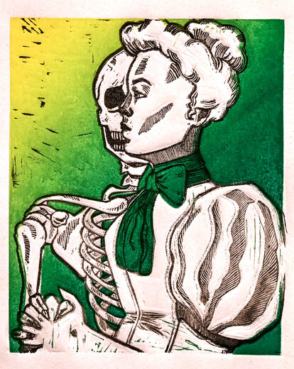 A rendering of a woman in black and white, with a skeleton behind her. The background is a gradient that goes from yellow to dark green.