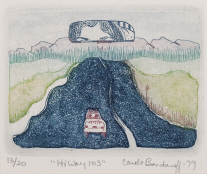 An etching depicting an outdoor landscape, consisting of a road leading to the mountains, from the perspective of a driver on the road.