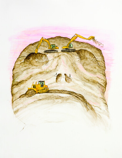 An acrylic and pencil drawing of small construction vehicles on a mass of brown land.