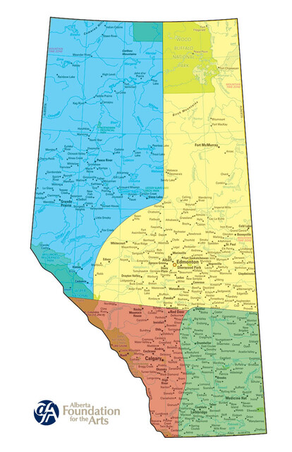 Colour-coded map of Alberta that denotes each TREX region