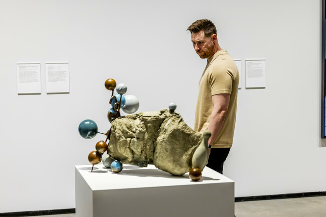 A man looks at a sculpture with circular bulbs produding from it.