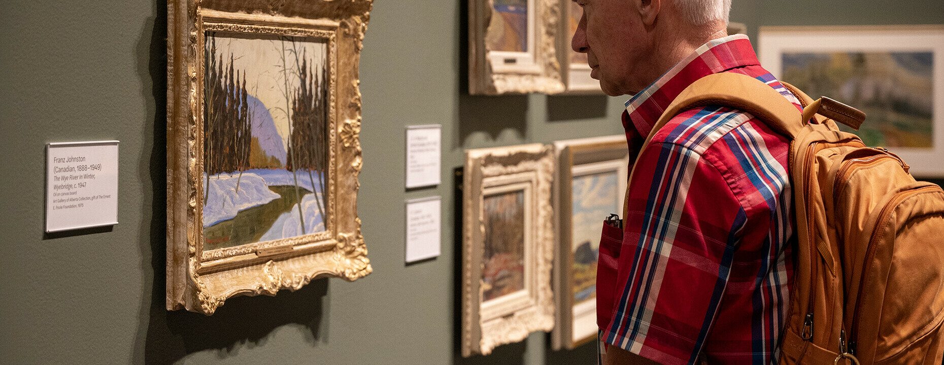 A man in a red plaid shirt looks at a landscape painting on the wall.