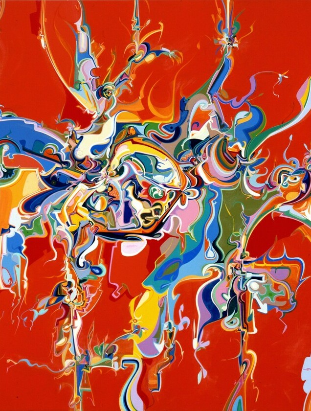 Vibrant abstract painting by Alex Janvier titled 'Lubicon.' The artwork features a dynamic array of swirling forms and splashes of color primarily in red, blue, yellow, and white on a bold red background. The composition is fluid and energetic, with interconnected shapes creating a sense of movement and depth.